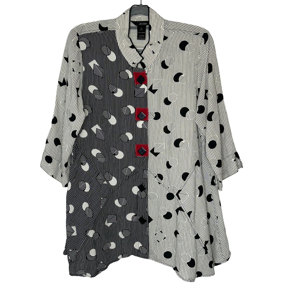 Ali Miles‎ Tunic Top Large L Abstract Print 3/4 Sleeve Button Front Quirky Artsy